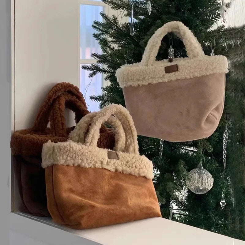 Winter Fashion Trend Tote Bags Luxury Designer Handbags and Wallets Women's Faux Lamb Wool Color Block Retro Handbags Rever