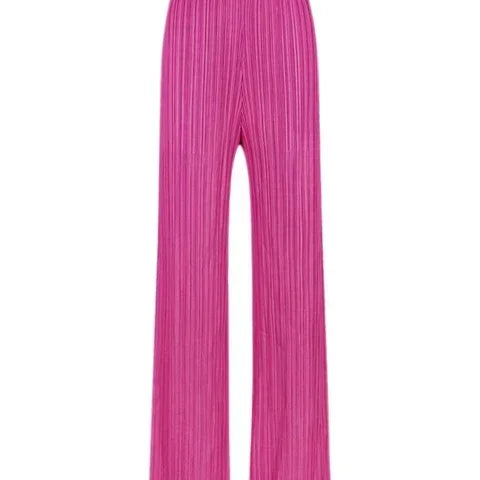 Spring Summer Autumn Women Casual Elegant Ladies Miyake Designer Casual Loose Straight Pleated Pants High Waist Trousers Fuchsia One Size