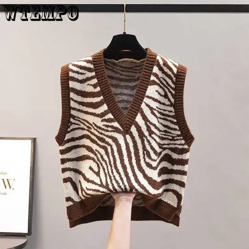 Women's Sexy Sleeveless Knitted Vest Autumn Leopard Sweater Crop Sleeveless Knitting Jumper Ladies V Neck Pullovers