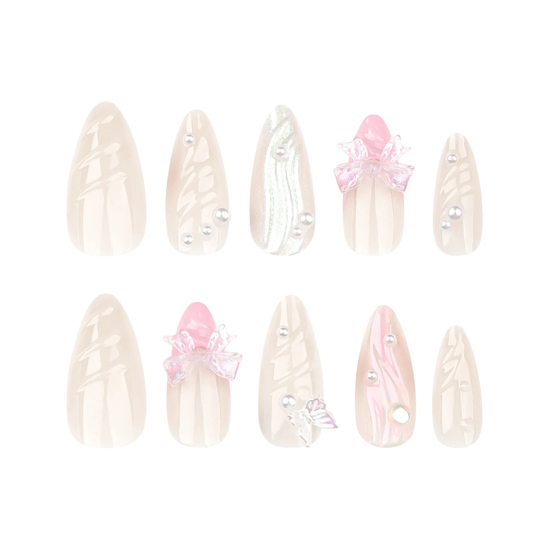 24pcs Sweet French Pink Press on Nail 3D Pearl Butterfly Design Fake Nail Tips Wearable Full Cover Korean Almond Fake Nail Patch