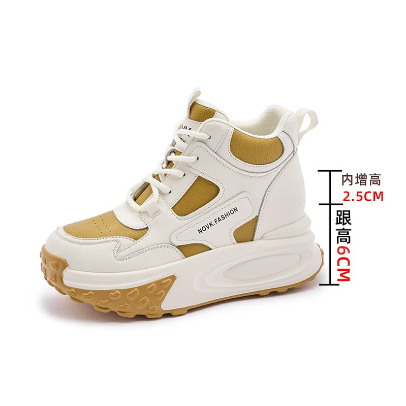 Fujin 8.5cm Cow Genuine Leather Thick Soled Spring Platform Wedge Chunky Sneakers Women Autumn Fashion Hidden Heels Ladies Shoes yellow
