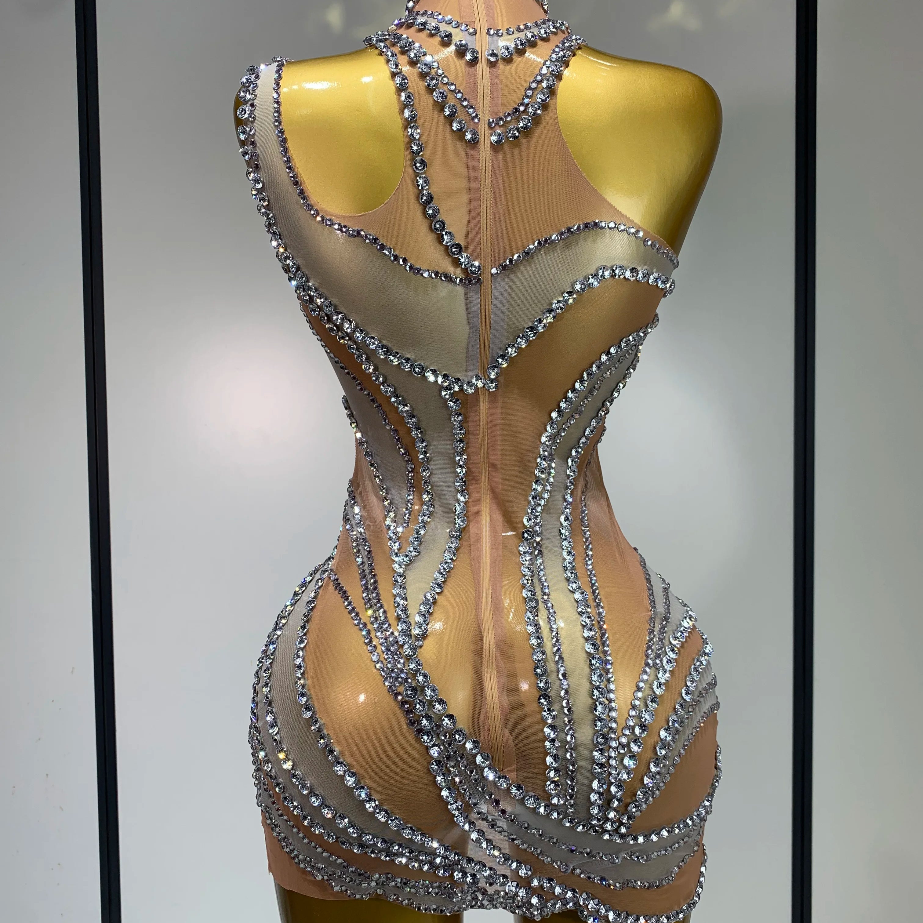 Sparkly Crystals See Through Women Cocktail Dresses Celebrate Birthday Party Gowns Singer Performance Stretch Stage Costume