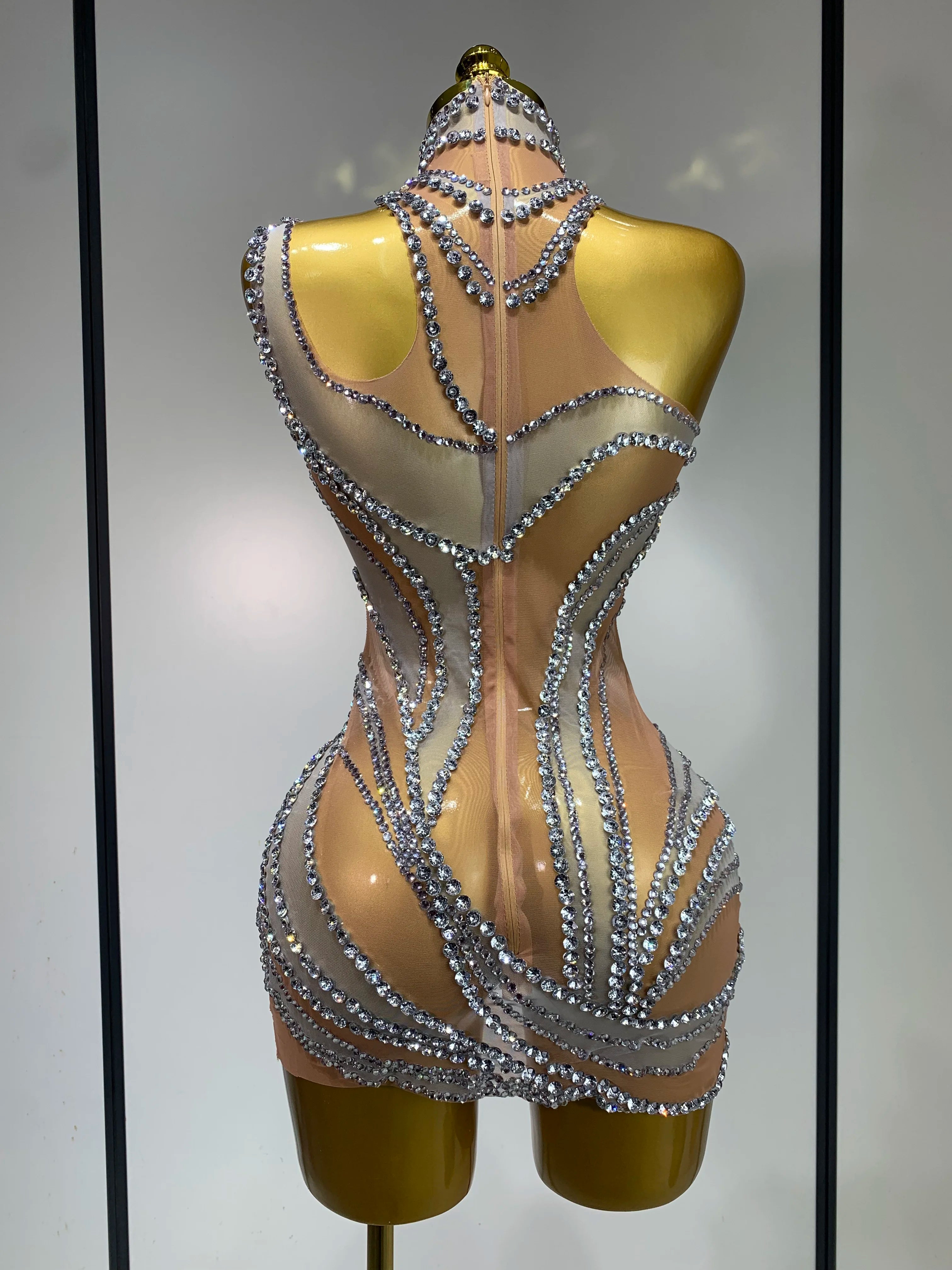 Sparkly Crystals See Through Women Cocktail Dresses Celebrate Birthday Party Gowns Singer Performance Stretch Stage Costume