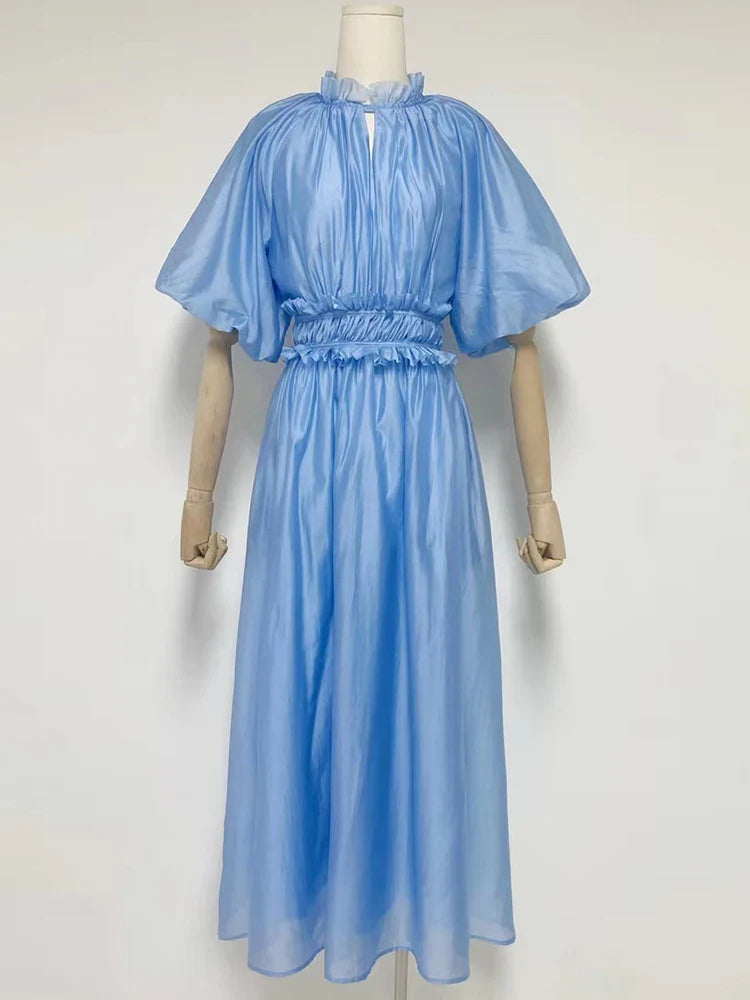 VGH Tie Dye Slim Dress Female Stand Collar Puff Half Sleeve High Waist Spliced Ruffles A Line Long Dresses Female Summer Clothes Blue