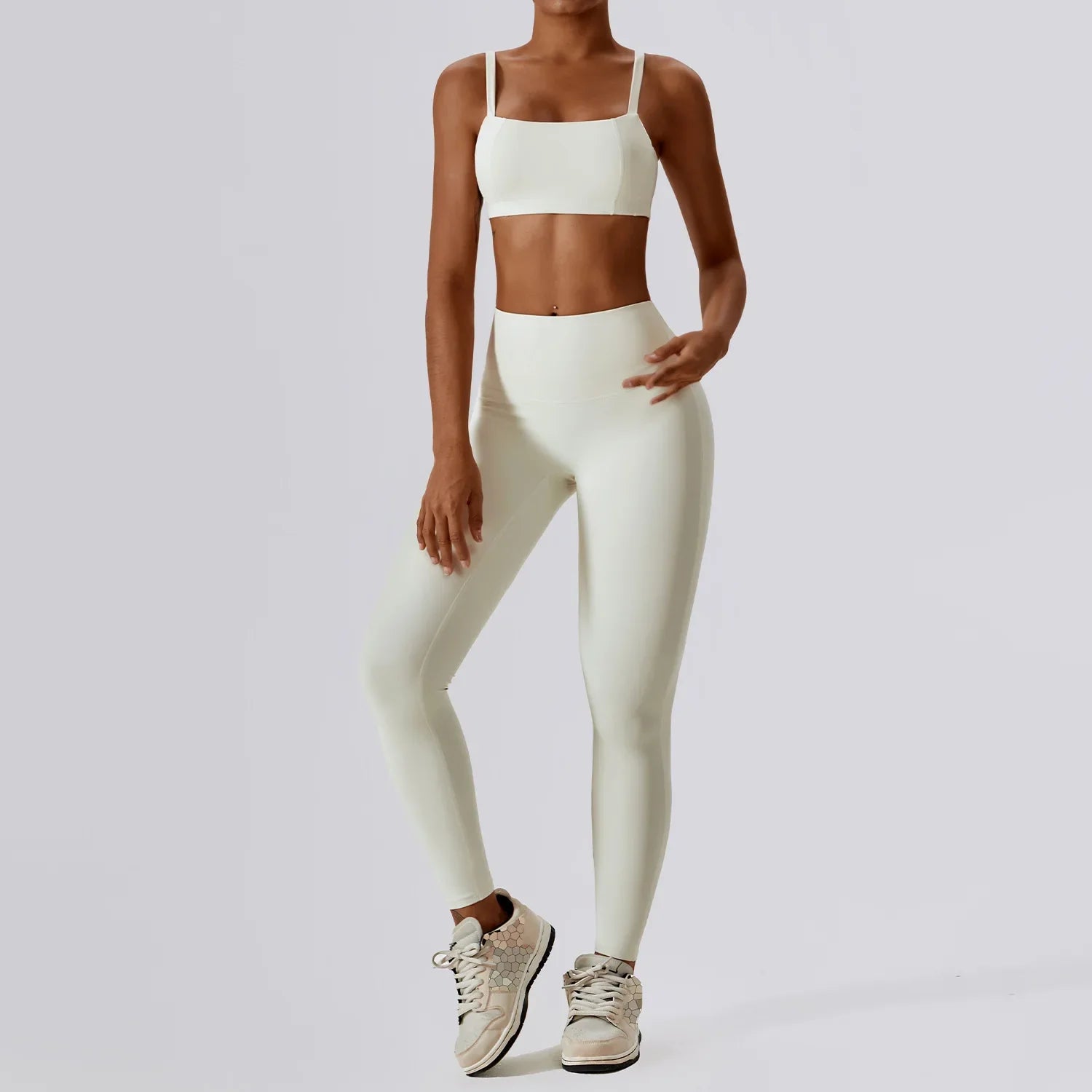 2PCS Yoga Set Nude Feeling Workout Sets Women Tracksuit Gym Push Up Fitness Running Workout Sportwear Sport Bra Leggings Suit Cream Apricot Set-2 CHINA
