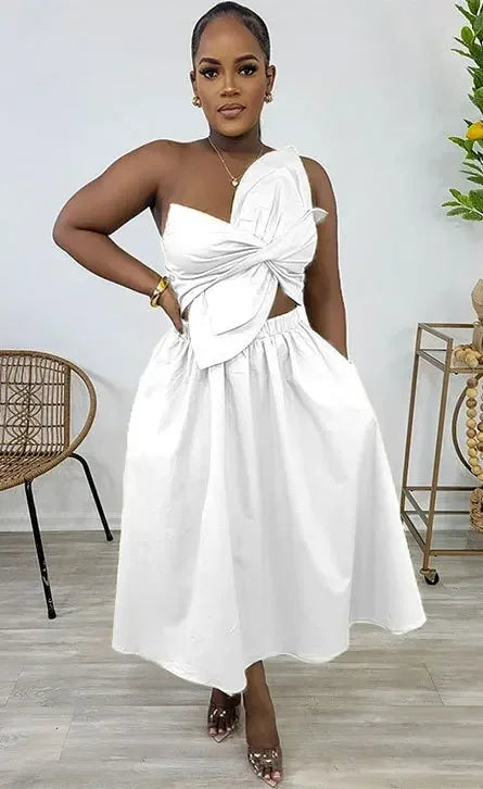 CM.YAYA Women Big Petal Front Strapless Midi Long Dress 2024 Summer Street Vestidos Sexy Party Evening Chic Big Swing Dresses