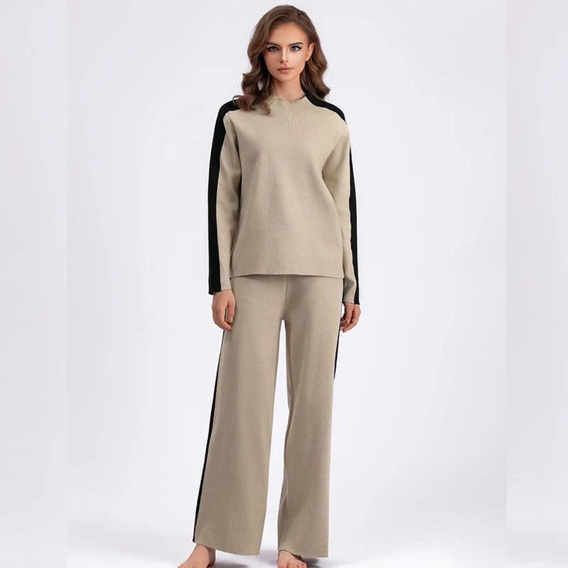 GIGOGOU CHIC Wide Leg Pants Tracksuits Autumn Winter Knit Pullover Sweaters Sets 2 Pieces Sets Full Length Trousers Suits Cloth