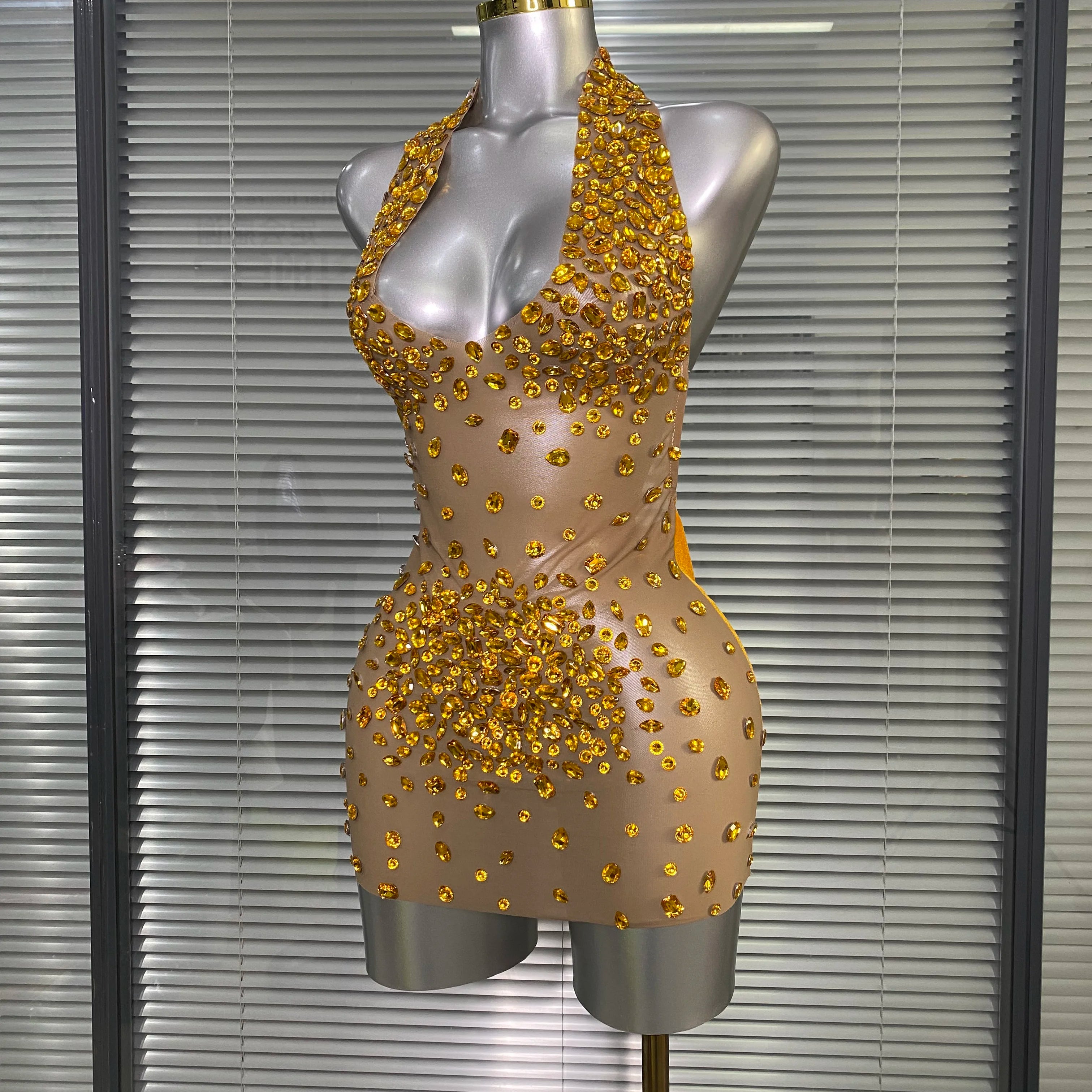 Celebrity New Women Sexy Transparent Mesh Backless Gold Black Costume Stage Dancer Singer Night Club Mini Party Dress