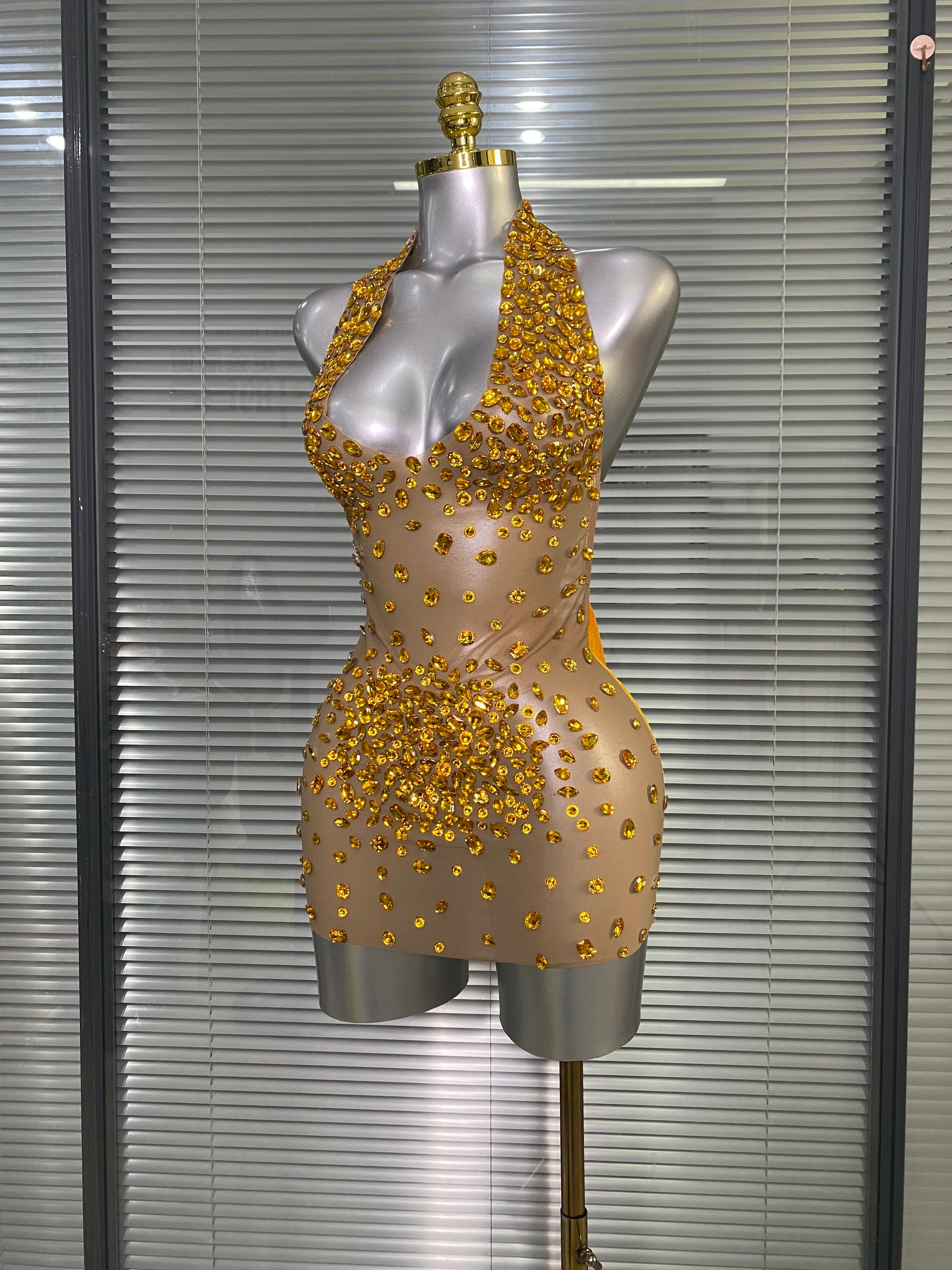 Celebrity New Women Sexy Transparent Mesh Backless Gold Black Costume Stage Dancer Singer Night Club Mini Party Dress