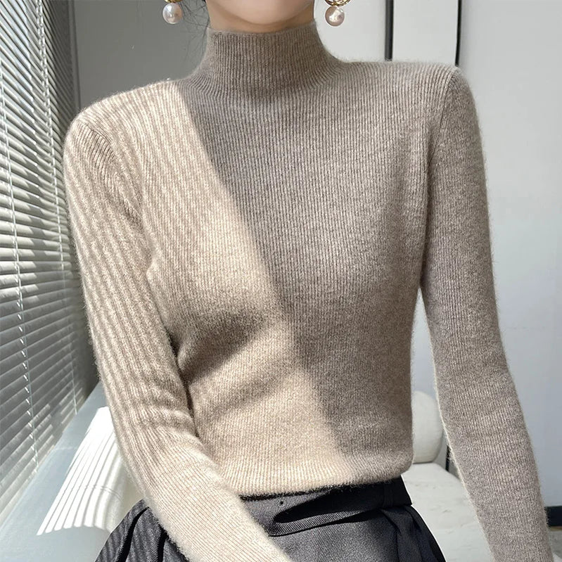 2022 Autumn and Winter Women's Cashmere Sweater Pullover Half Turtleneck Casual Fashion Pure Color High Quality Warmth Comfort Elegant camel