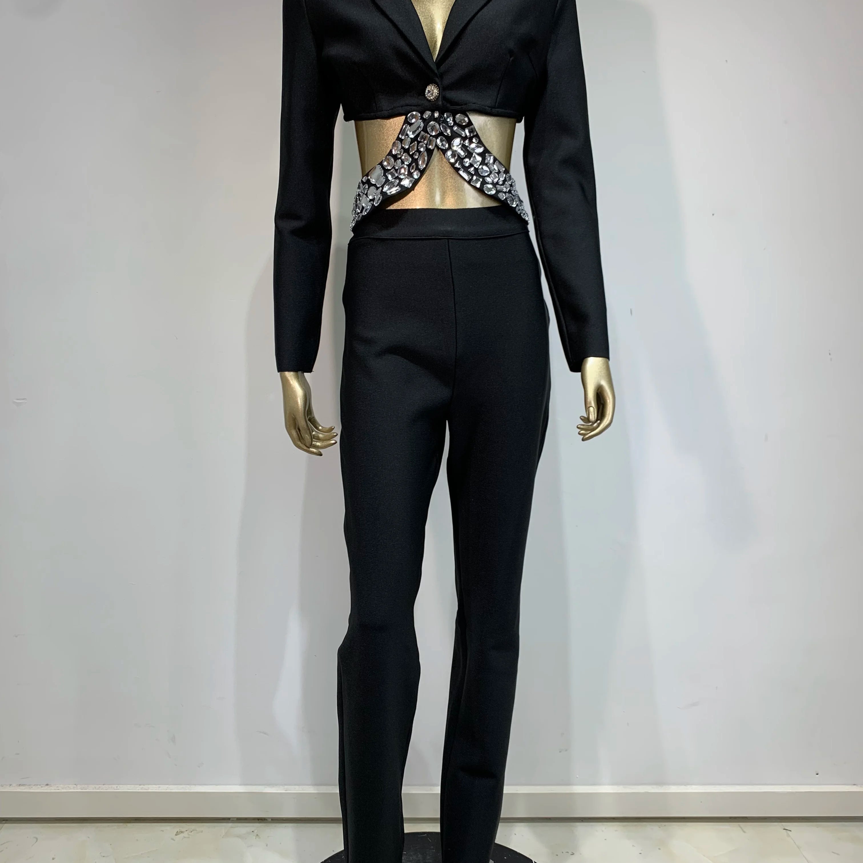 Women Winter Sexy Long Sleeve Beading Black White Two Pieces Pants Bandage Set 2025 Celebrity Designer Fashion Women's Set