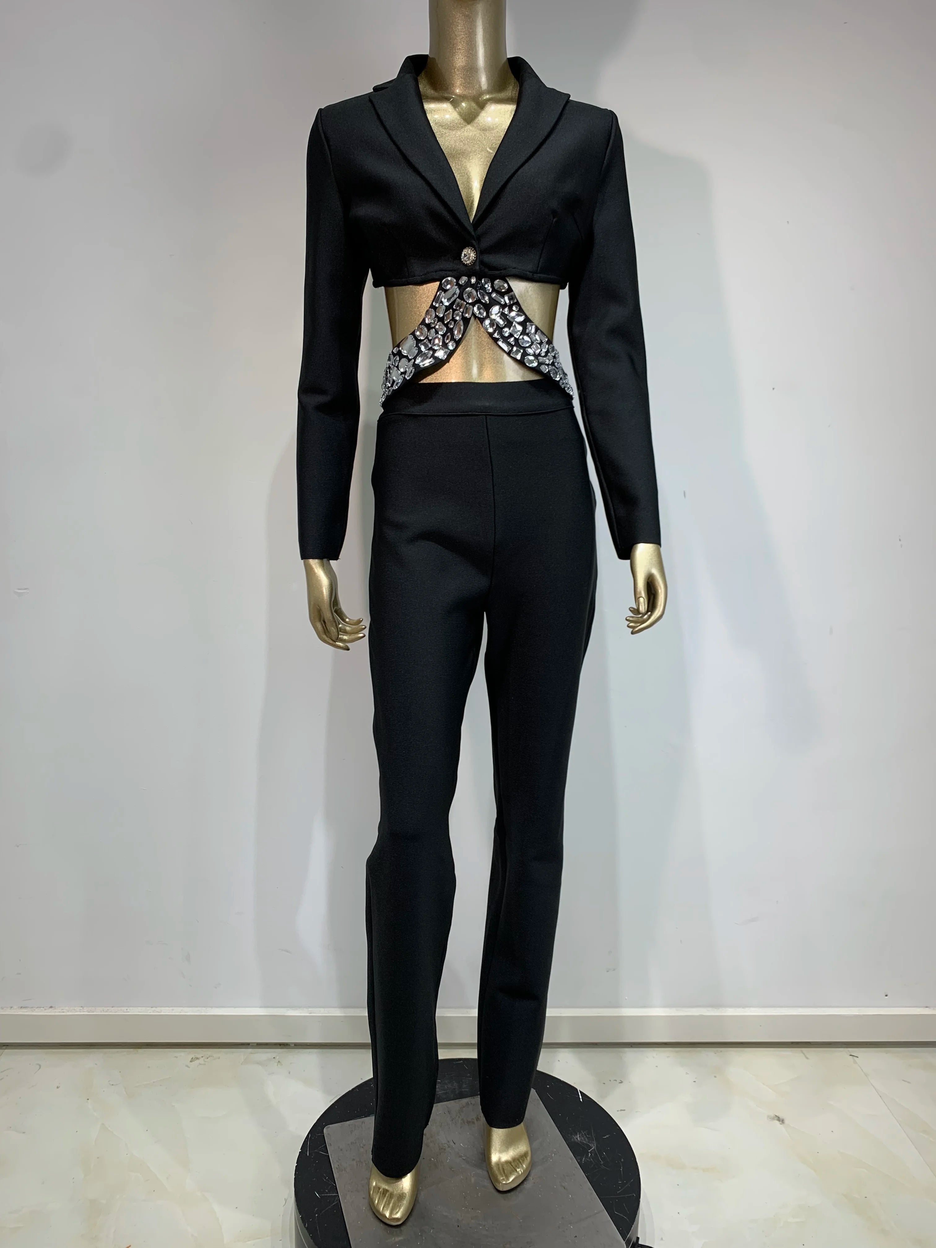 Women Winter Sexy Long Sleeve Beading Black White Two Pieces Pants Bandage Set 2025 Celebrity Designer Fashion Women's Set