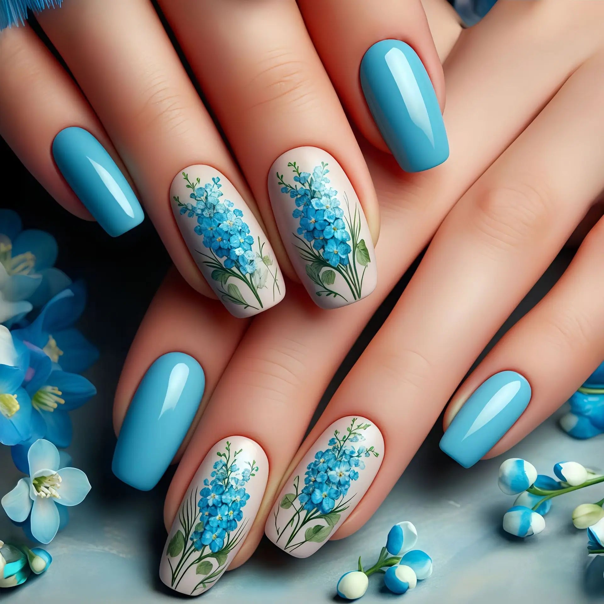 24Pcs Fake Nails Mid-length Ballet Press on False Nails with Blue Flowers Design Fashion Nails Set Detachable Nail Spring/Summer