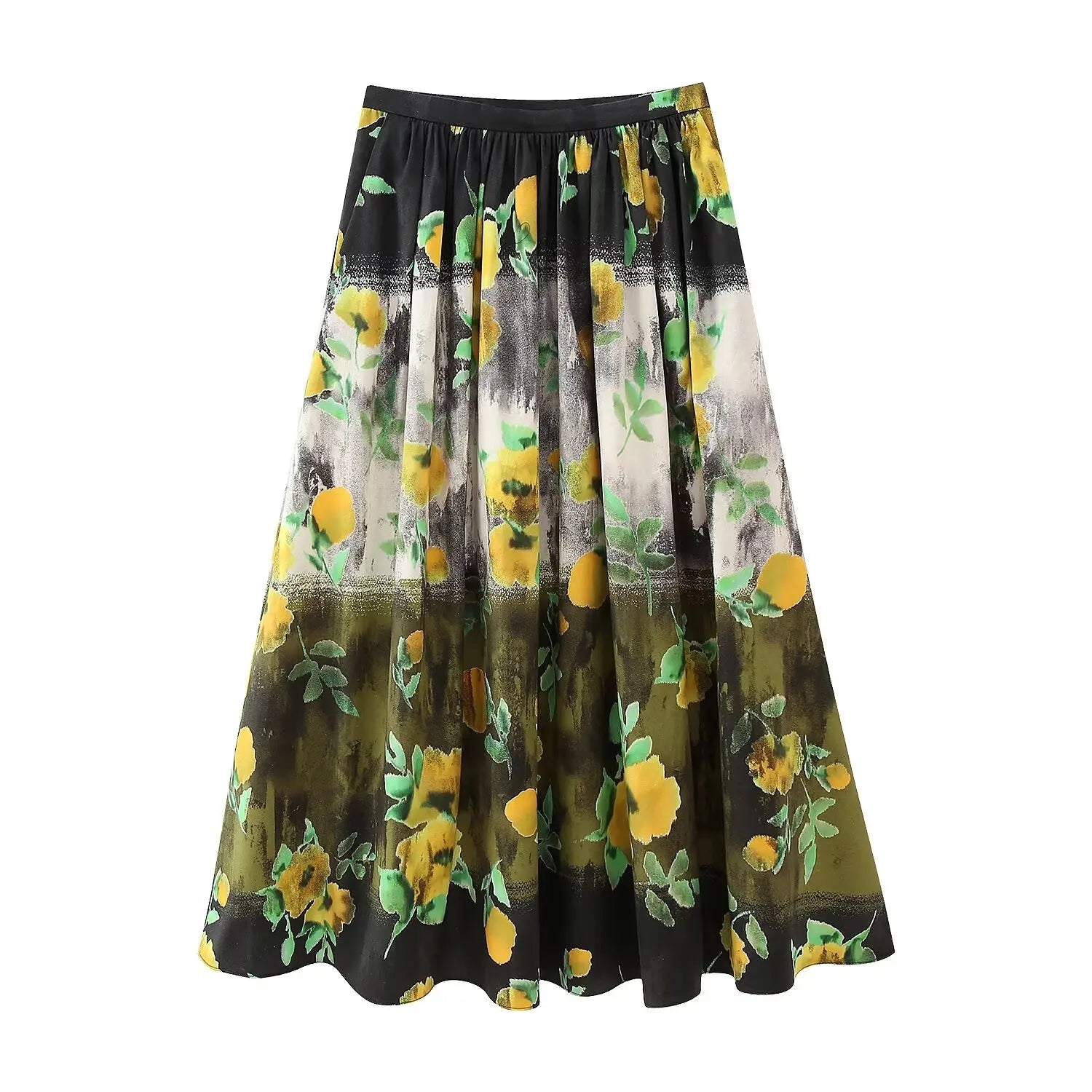 TRAF Summer Vintage Y2K Short Sleeve Green Floral Print Woman Zipper Shirt Set High Waisted A Line Pleated Skirt Suits Print short