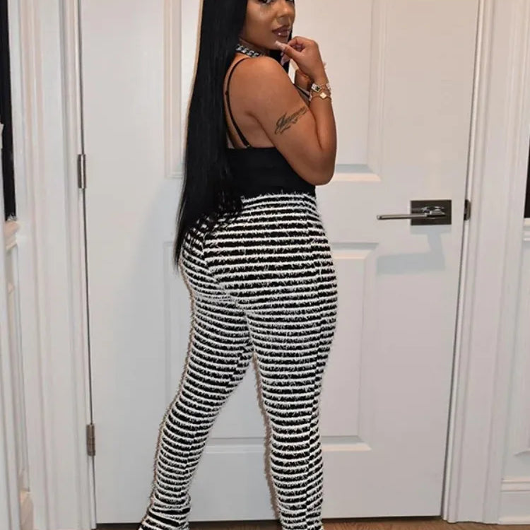 Panelled Stacked Pants Women Autumn Casual Fluffy Slight Stretch Knitted Trousers Girl Hipster Classic All-matched Bottoms