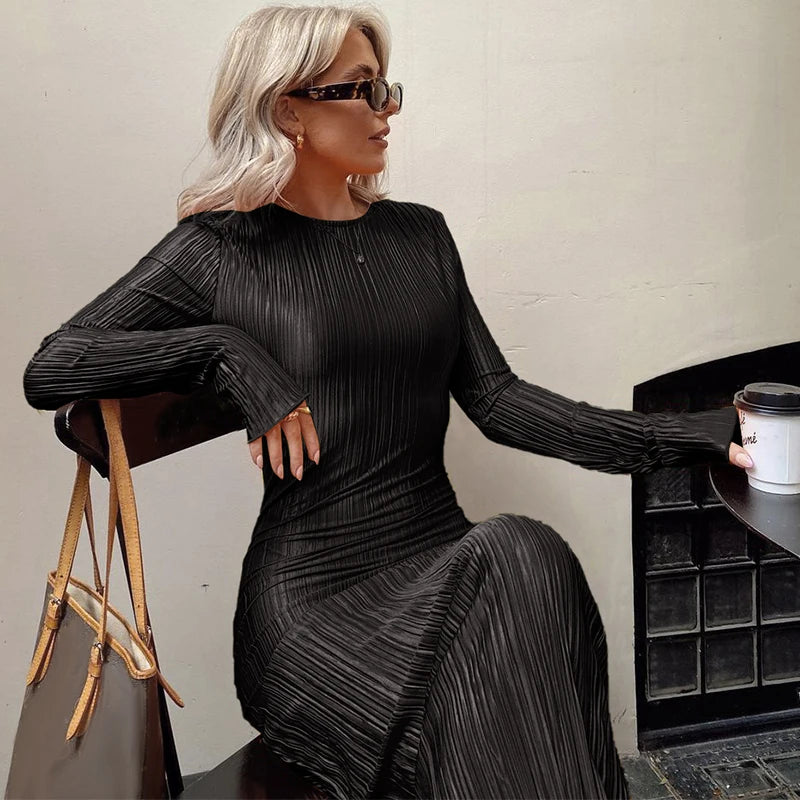 Hawthaw Women Fashion Long Sleeve Streetwear Bodycon Orange Midi Dress 2022 Autumn Clothes Wholesale Items For Business black