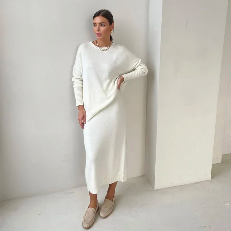 Soft Vintage Lace Up Women Suits 2 Pieces Female Sets with Belt V Neck Cardigan & Midi Dress Ladies Knitted TrackSuit