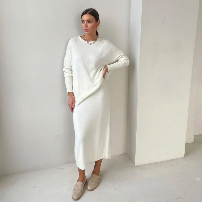 Soft Vintage Lace Up Women Suits 2 Pieces Female Sets with Belt V Neck Cardigan & Midi Dress Ladies Knitted TrackSuit