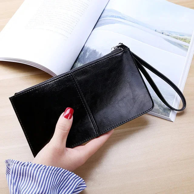 Women's Vintage Oil Wax Leather Zipper Clutch Wallet Female Large Capacity Coin Purse Ladies Wristband Simple Card Holder Wallet Black