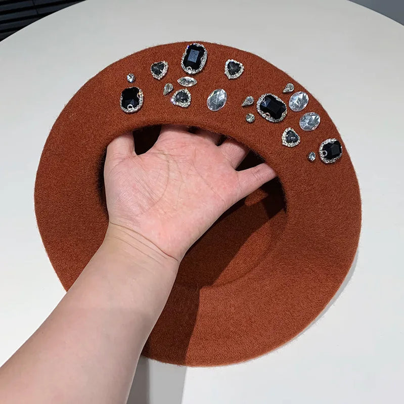 Berets Women Hat Brimless Stretchy Comfortable Rhinestone Y2K Cap Autumn Female Flat Color Cotton 7 56-58cm