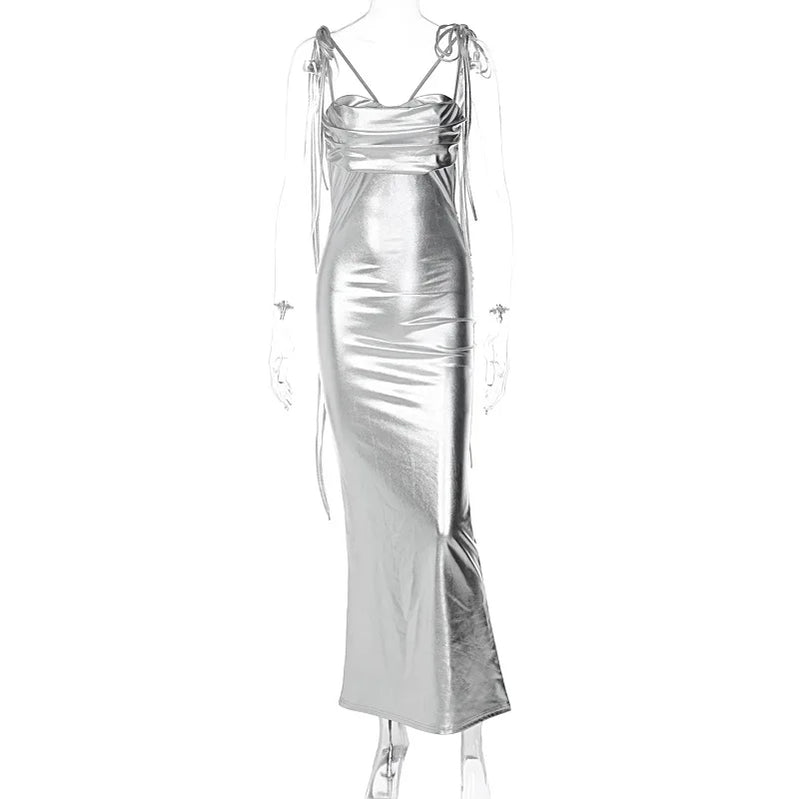 GACVGA Spring Summer Sexy Bandage Maxi Dresses Streetweaar Women Silver Shiny Pleated Bodycon Backless Party Long Dresses Silver-1