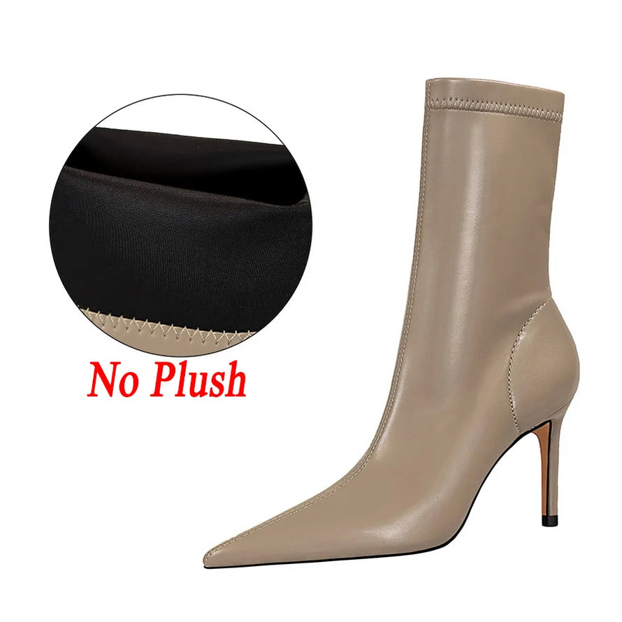 Women Leather 7.5cm 9.5cm High Heels Boots Lady Brown Spring Winter Warm Pointed Toe Boots Fetish Booties Nightclub Party Shoes 7.5cm Khaki