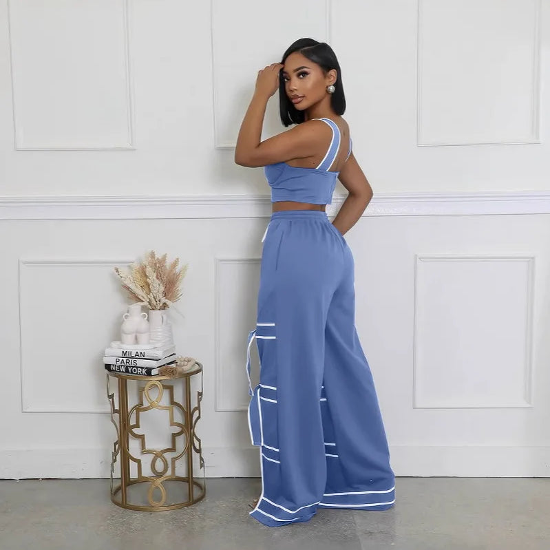 CM.YAYA Fashion Women Striped Patchwork Bowknot Split Wide Leg Jogger Pants 2025 Summer Active Sporty Classic Trousers