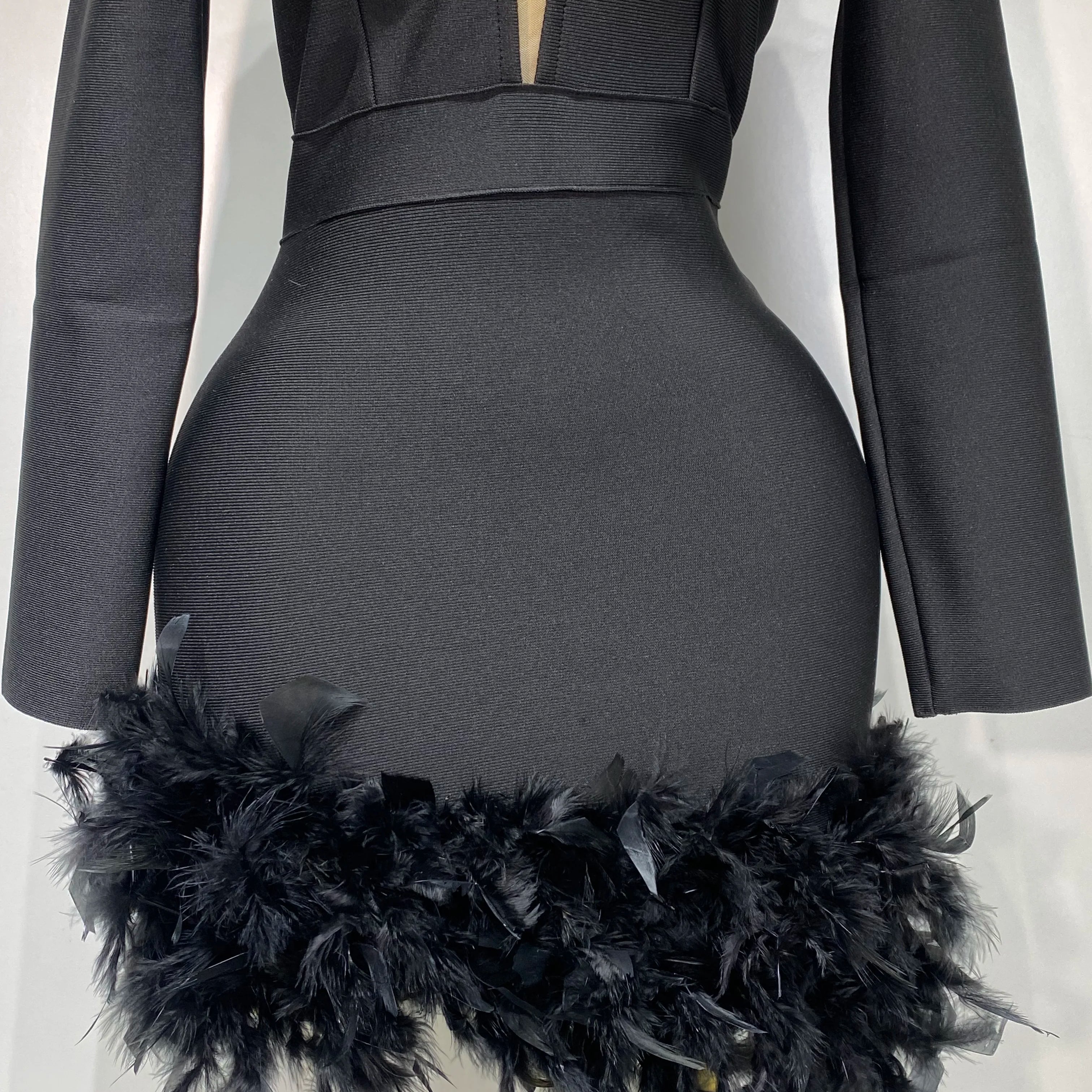 Women Fashion Sexy V Neck Long Sleeve Black Feather Mini Bodycon Bandage Dress Elegant Evening Club Birthday Party Dress