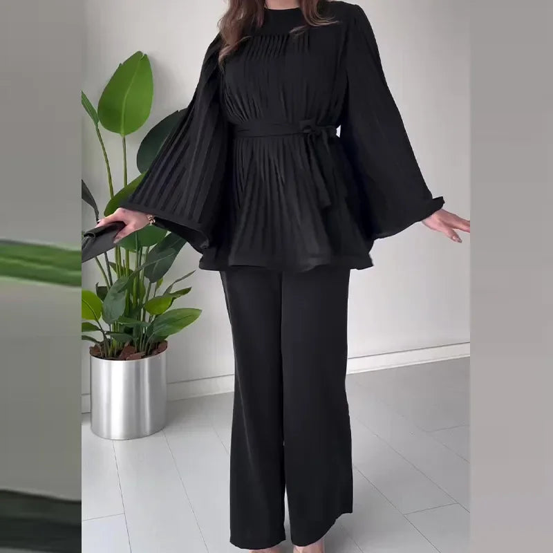 Loose Pleated Top Pants Women Belt Suit Elegant O-neck Long Batwing Sleeve Big Swing Top Wide Leg Pant 2 Piece Sets Outfit black