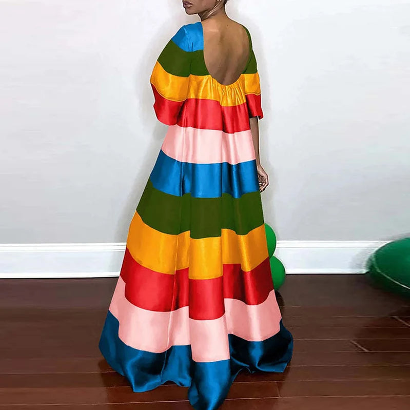 Luxury Rainbow Striped Women Evening Dress Sexy Elegant Loose Short Sleeve Maxi Dress Women Backless O-neck Bohe Dresses