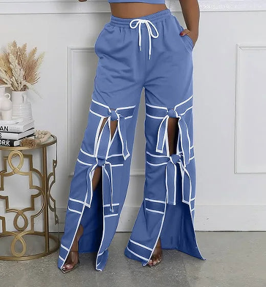CM.YAYA Fashion Women Striped Patchwork Bowknot Split Wide Leg Jogger Pants 2025 Summer Active Sporty Classic Trousers blue