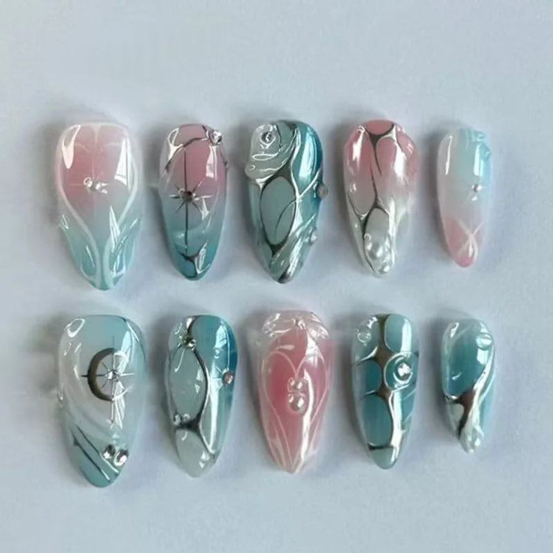 24pcs Ins Almond Press on Nails Gothic Sliver Metal Line y2k Fake Nails Detachable Wearable Sweet Cool Spicy Girl False Nails
