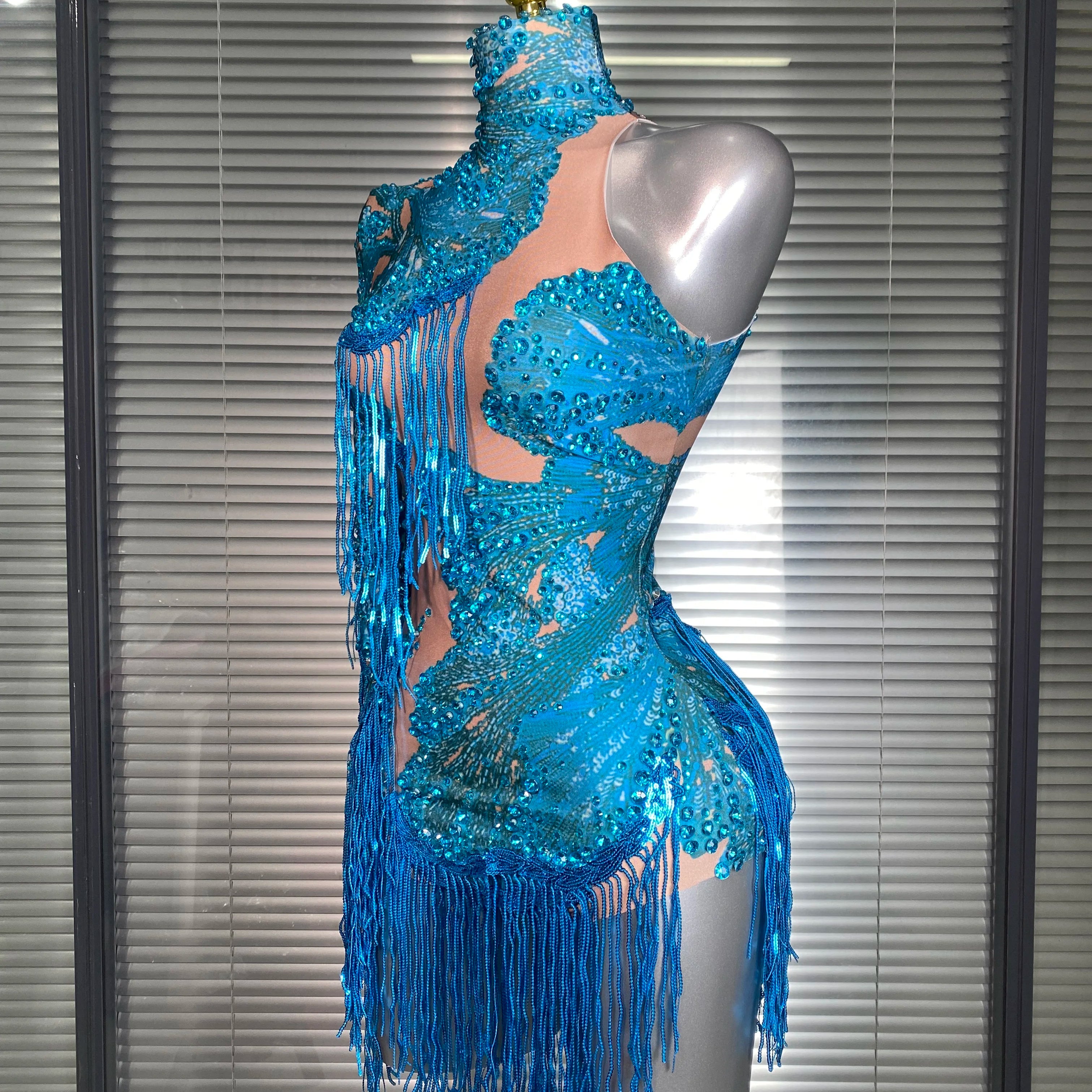 New Celebrity Women Sexy Purple Blue Stretchy Single Sleeve Night Club Singer Dancer Tassel Stage Costume Party Bodysuit