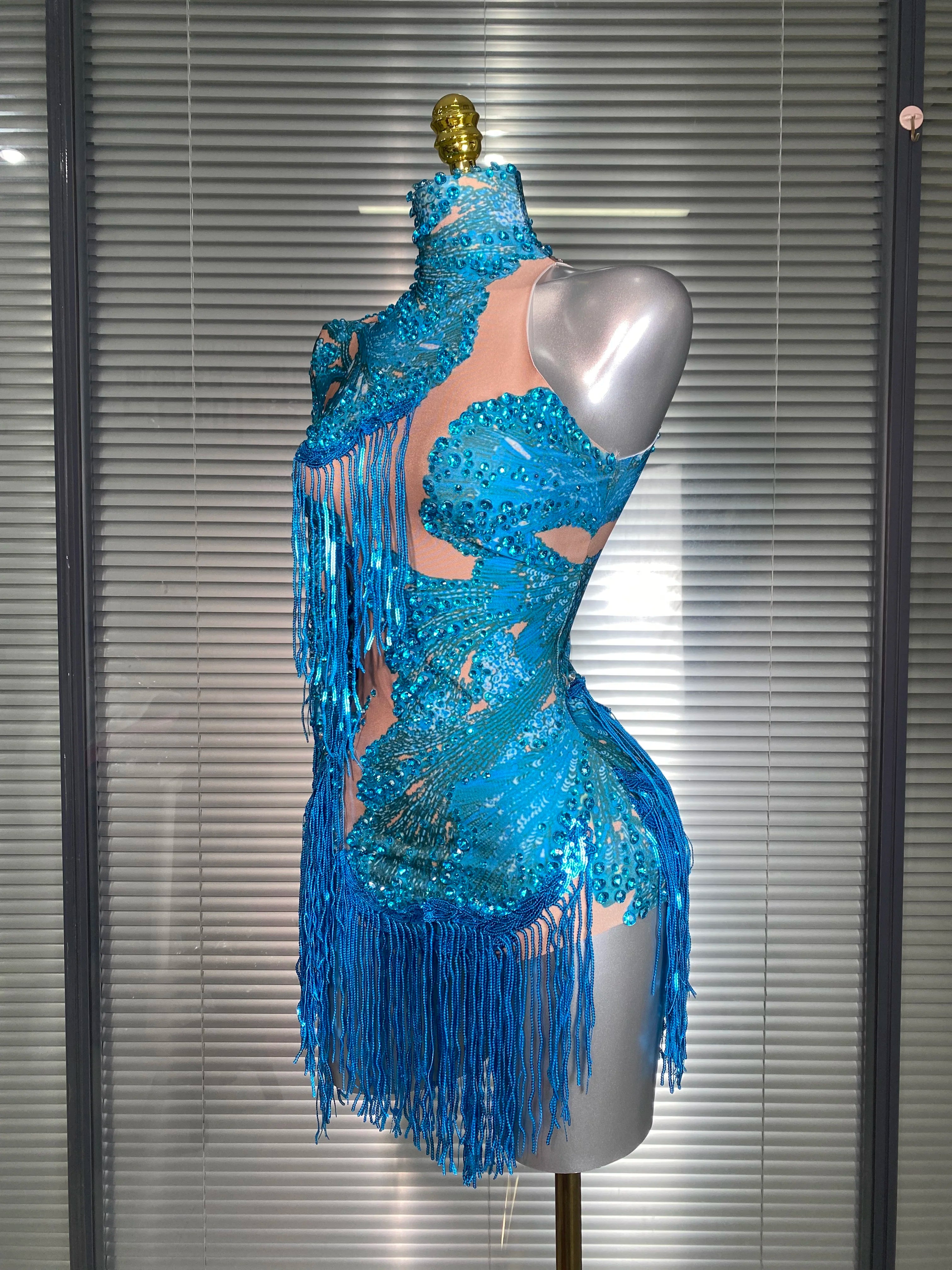 New Celebrity Women Sexy Purple Blue Stretchy Single Sleeve Night Club Singer Dancer Tassel Stage Costume Party Bodysuit