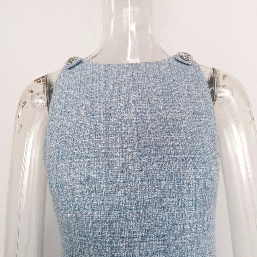 TWOTWINSTYLE Solid Slimming Spliced Button Dresses for Women Round Neck Sleevless Temperament Mini Dress Female Fashion Clothing