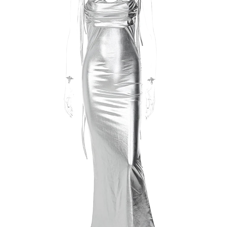 Faux Leather Backless Slips Solid Draped Lace Up Elegant Sexy Maxi Dress Spring Summer Women Outfit Festival Party