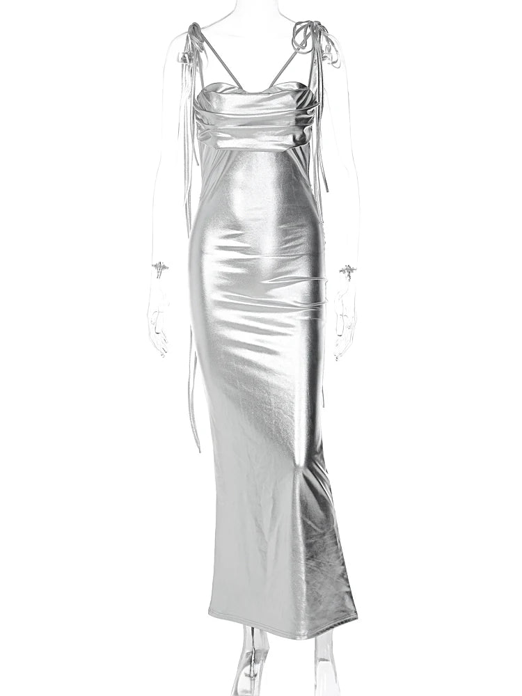 Faux Leather Backless Slips Solid Draped Lace Up Elegant Sexy Maxi Dress Spring Summer Women Outfit Festival Party