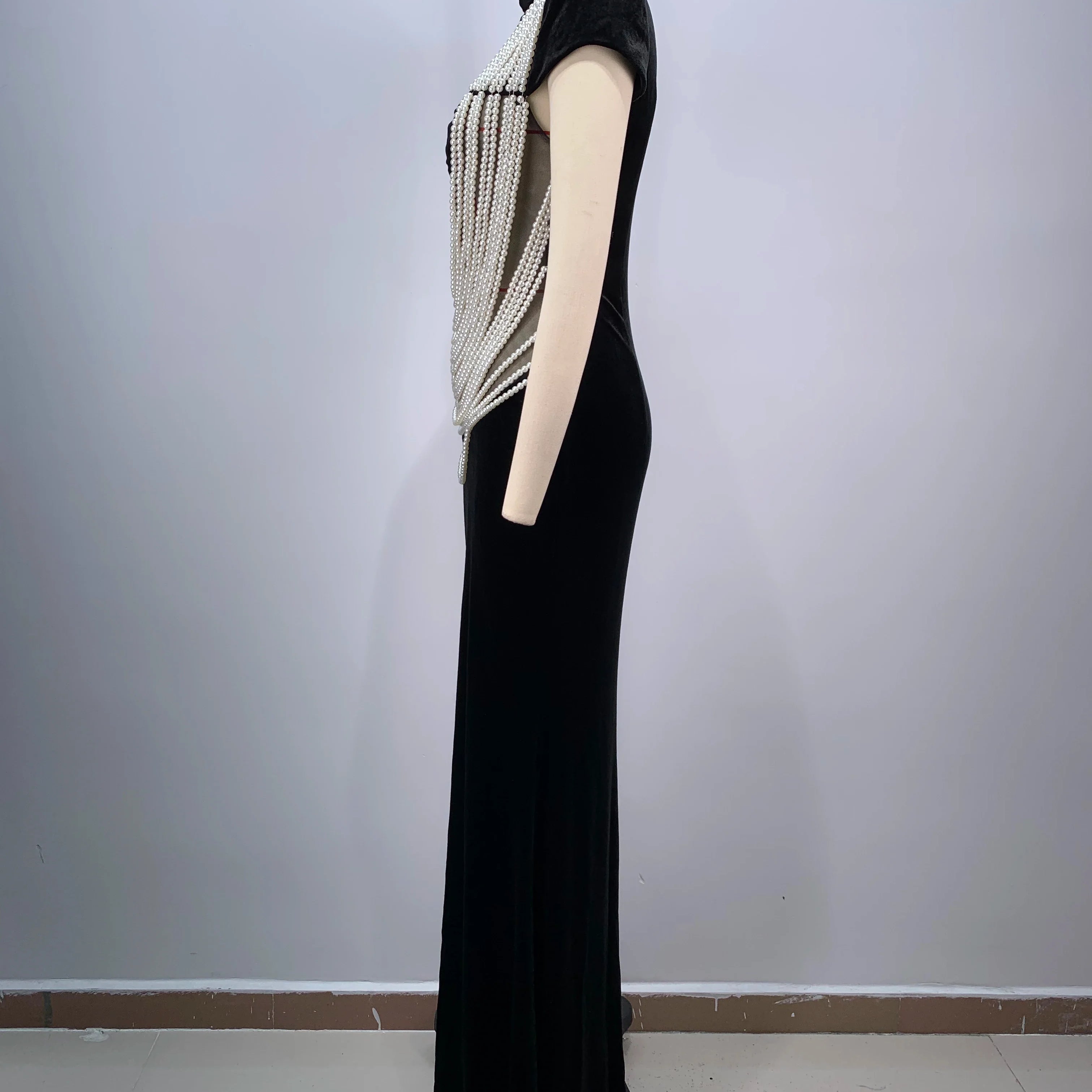 Celebrity Red Carpet Dress Women Sexy Short Sleeve Pearl Beading Bodycon Long Dress Evening Party Prom Outfit Vestido