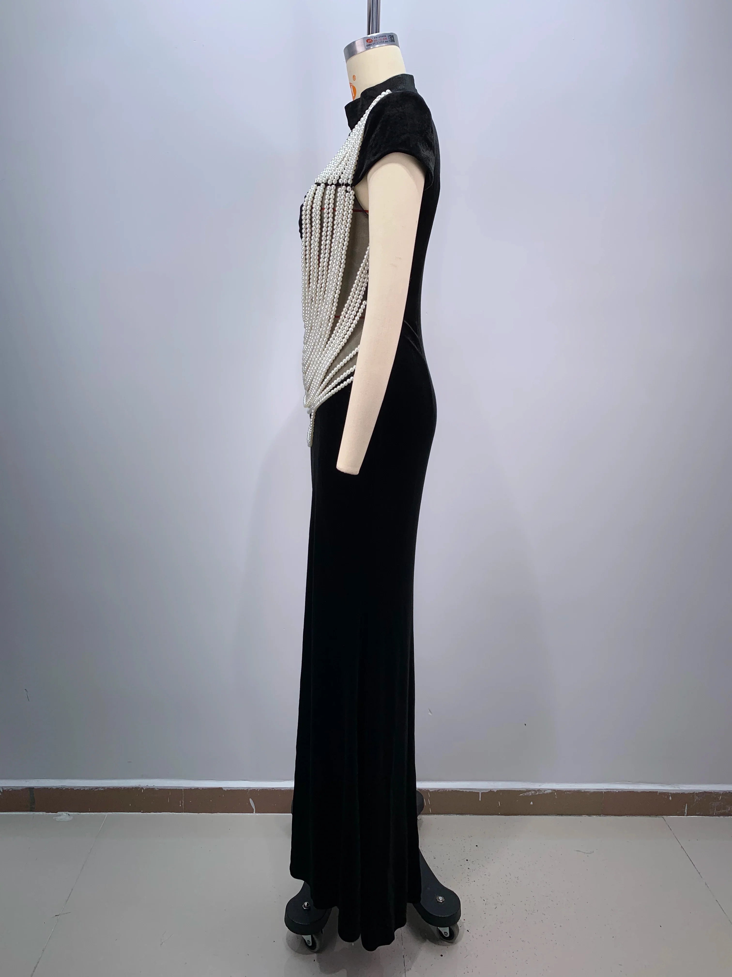 Celebrity Red Carpet Dress Women Sexy Short Sleeve Pearl Beading Bodycon Long Dress Evening Party Prom Outfit Vestido