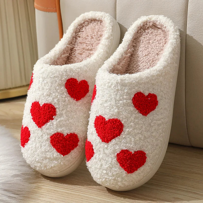 Popular Colorful Rainbow Plush Slippers for Women Cartoon Cute Smiling Face and Heart Design taoxin