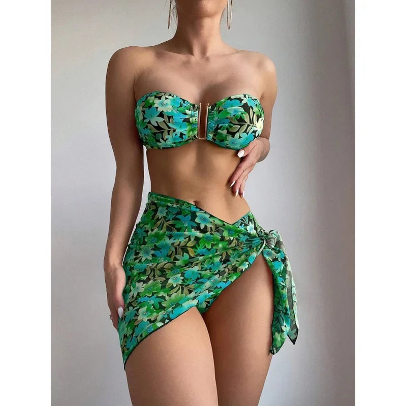 Swimsuit Women's Split Three-Piece Printed Metal U-Shaped Bikini Bikini Swimsuit
