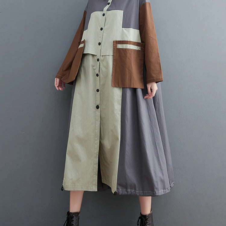 Patchwork Shirt Dresses For Women's Autumn Spring Minority Y2k Contrast big size Dress With Long Sleeve