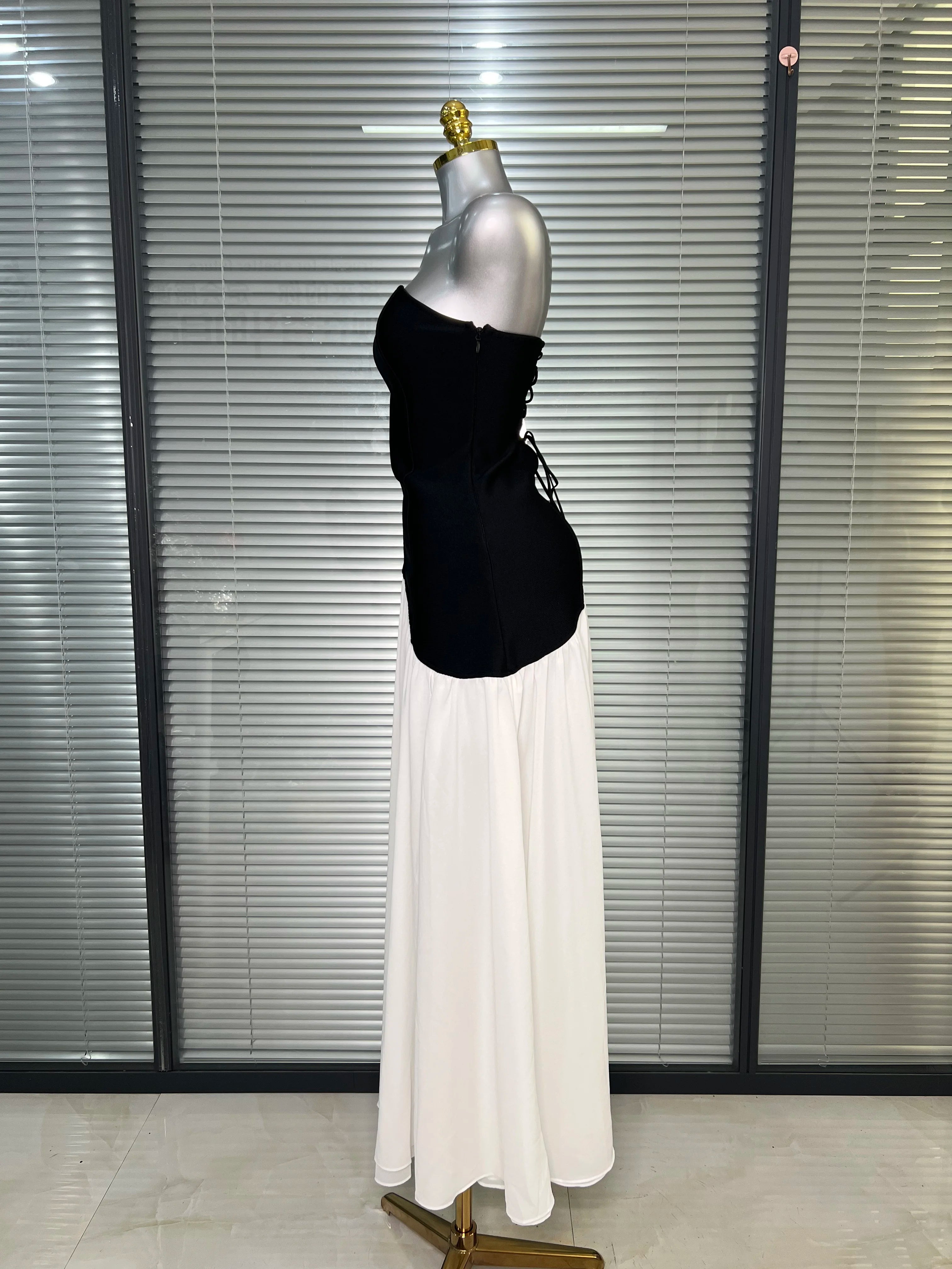 Brand New 2025 Women Sexy Strapless Bodycon Maxi Dress Patchwork High Street Evening Party Dress Vestido