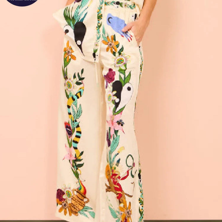 2 Piece Sets Women Outfit Summer New Bohemian Style Printing Half Sleeve Shirt Suits Fashionable Casual Loose Wide Leg Pant Set