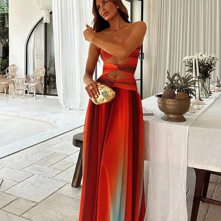 Tie-dye Gradient Hollow Out Women's Maxi Dress Elegant Off Shoulder A-line Hem Long Dresses New Summer 2025 Holiday Female Robes