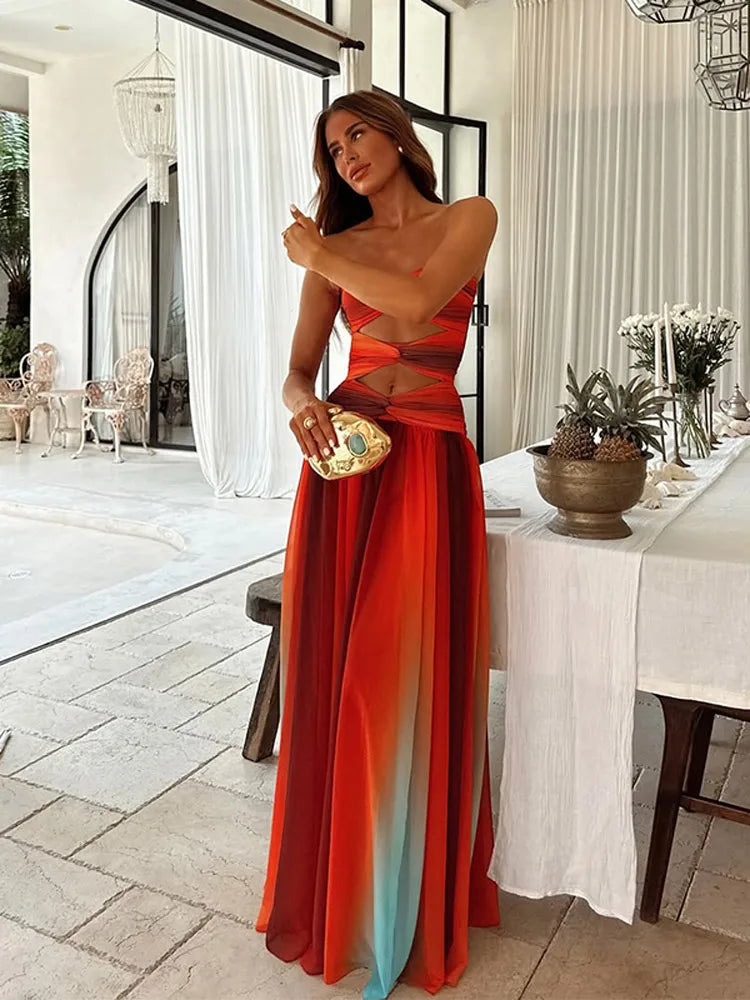 Tie-dye Gradient Hollow Out Women's Maxi Dress Elegant Off Shoulder A-line Hem Long Dresses New Summer 2025 Holiday Female Robes