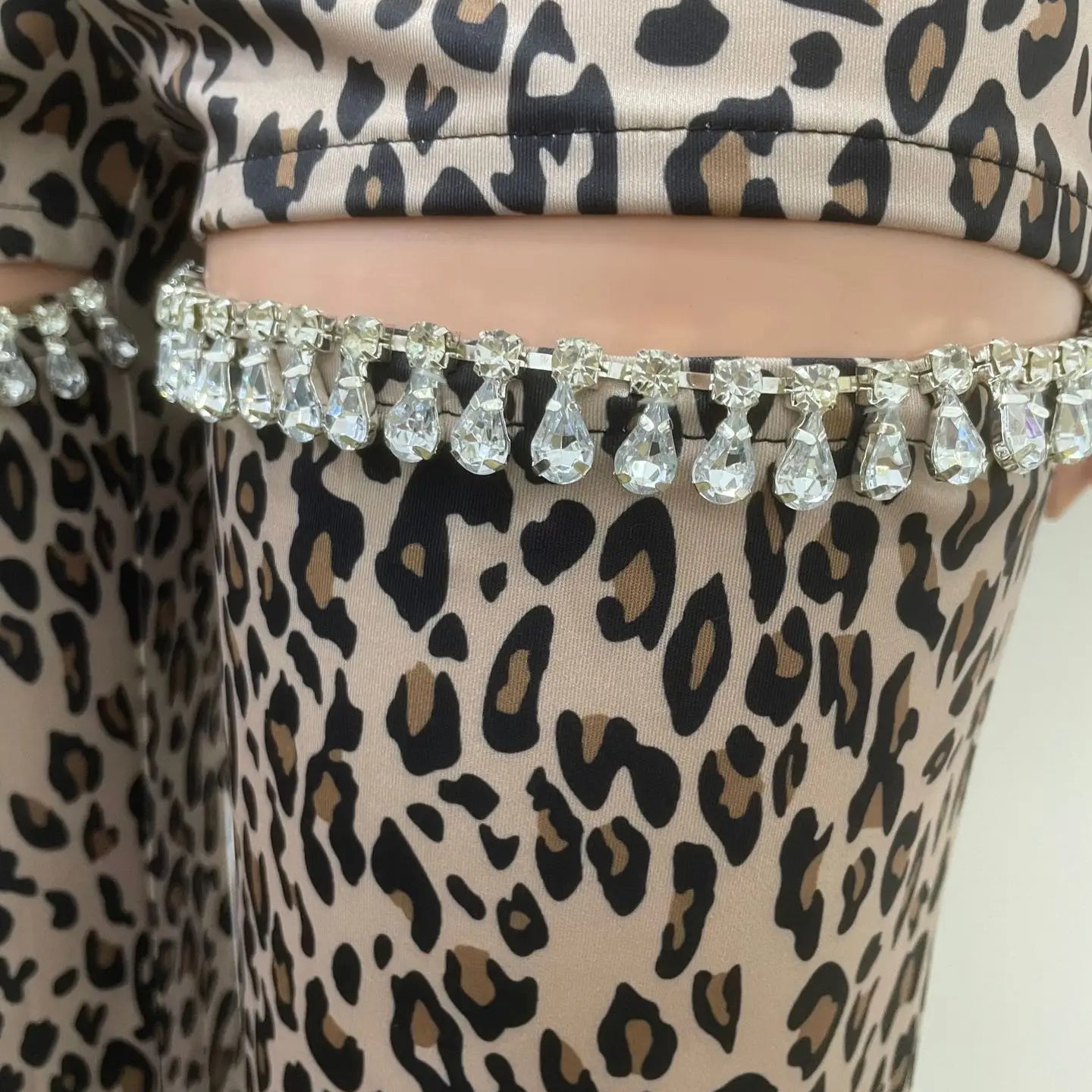 CM.YAYA Women Cutout Diamonds Crystal Hollow Out Straight Pants 2024 Fall Winter Leopard Print  High Waist Wide Leg Trousers