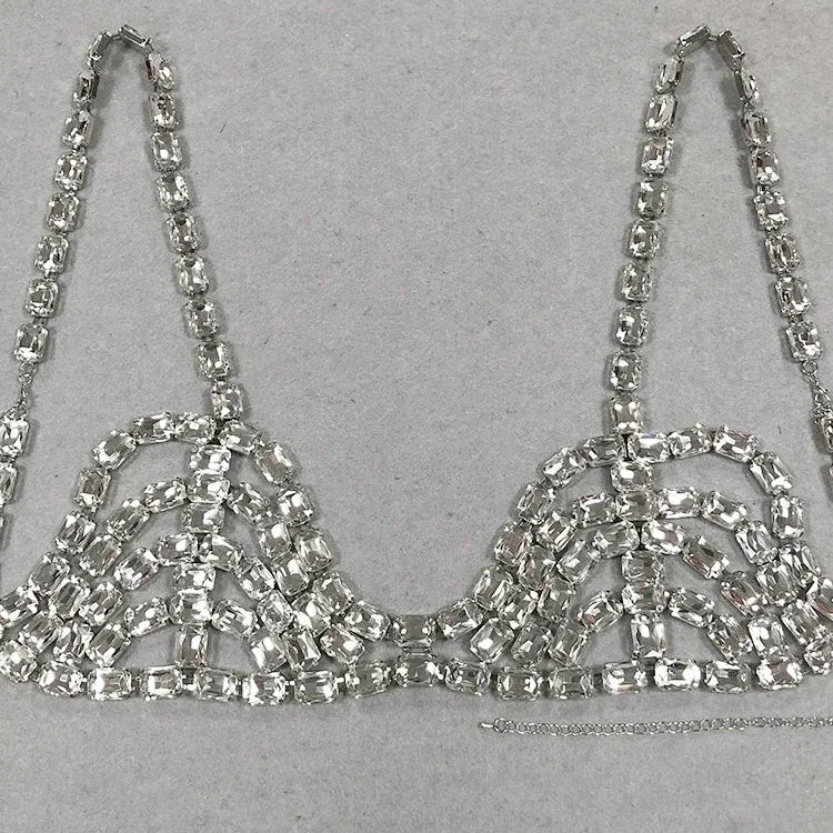 Sexy Shiny Diamond Chain Top Women Spaghetti Strap Luxury Crystal Rhinestone Bra Evening Party Runway Crop Top Streetwear Silver