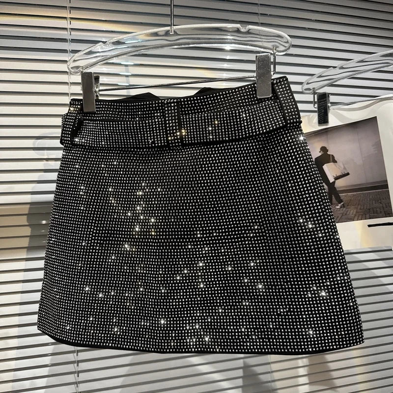 Summer Female Shiny Rhinestone Splice Sexy Strapless Women's High Waist Belt Designer Mini Short Skirts Skirt