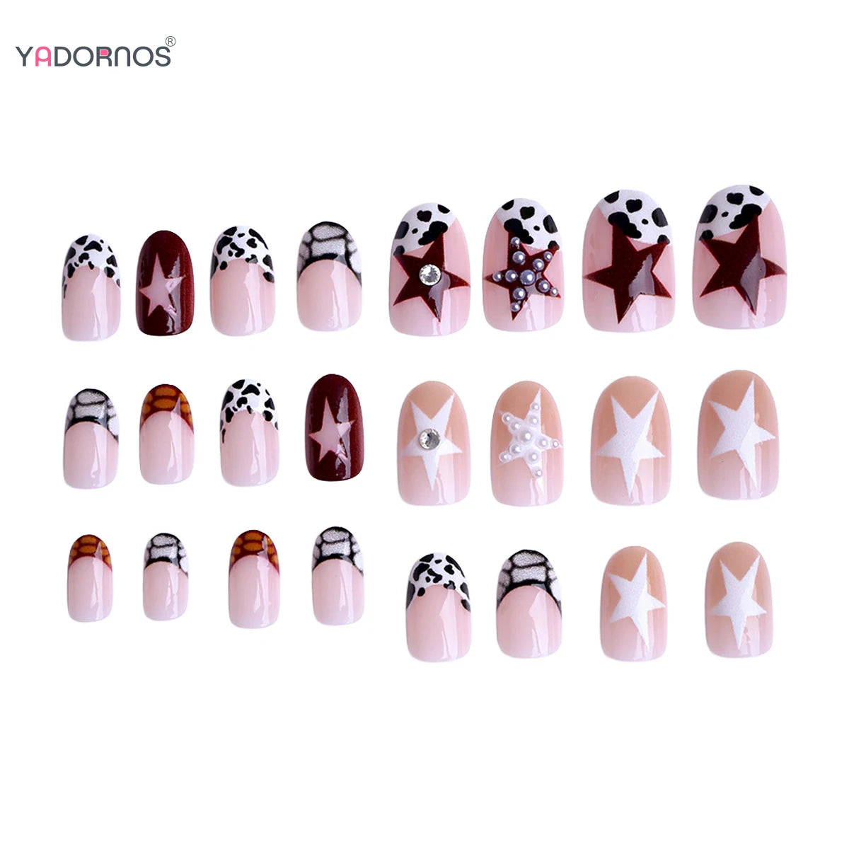 24Pcs Short Oval Shaped Press On Nails, Y2K Girls French Fake Nails Star Printed, Full Cover Wearable False Nails Pearls Decor